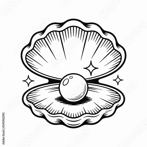 Elegant Black and White Illustration of a Pearl in an Oyster