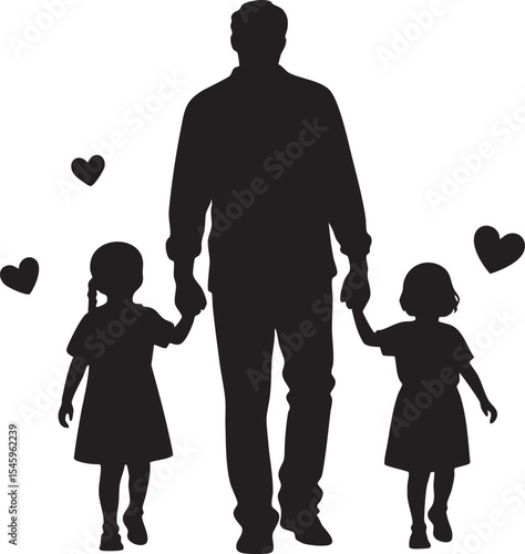 Father Walking with His Two Daughters Silhouette Art with Hearts Symbolizing Love and Family Connection silhouette