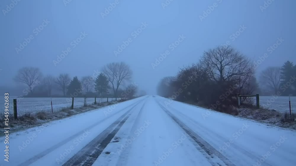 Serene winter road blanketed in snow, surrounded by foggy trees, evoking tranquility and isolation Serene winter road blanketed in snow, surrounded by foggy trees, evoking tranquility and isolation