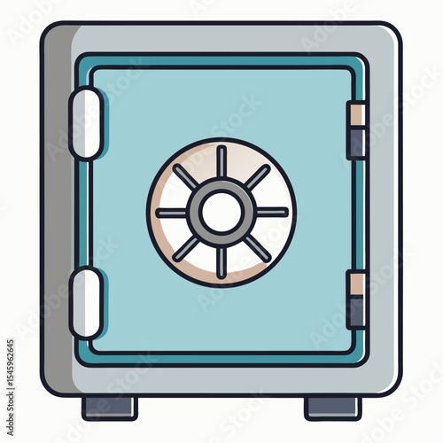 Cartoon illustration of a steel safe box with dial