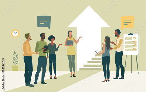 The career steps. Growth. Team follows an ascending arrow with a staircase inside. Vector illustration of a business concept. 