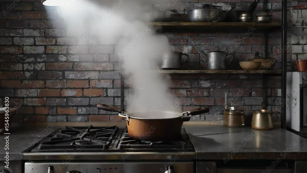 Rustic Kitchen Steaming Pot on Stove in Industrial Brick Setting Rustic Kitchen Steaming Pot on Stove in Industrial Brick Setting