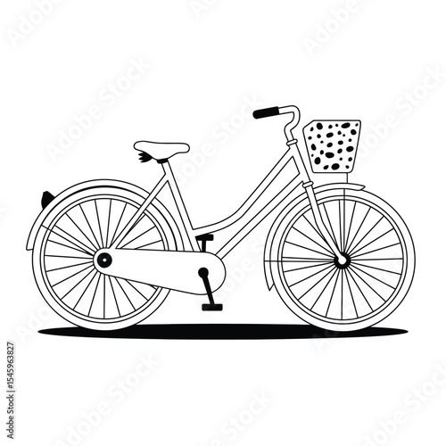 Black and White Bicycle Illustration with Basket and Shadow