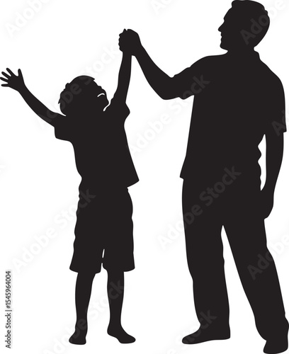 Silhouette of a Father and Son Celebrating Together with Arms Raised in Joyful Exuberance and Shared Connection