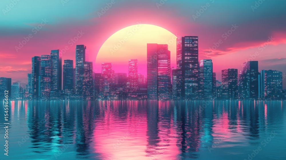 Fototapeta premium Colorful City Skyline with Sunset Reflection Over Water Surface