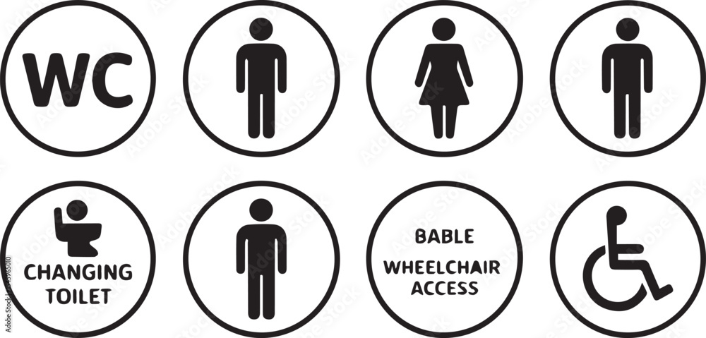 Diverse Public Restroom and Accessibility Signage Featuring WC Male Female Changing Toilet Wheelchair Access for Universal Convenience Diverse Public Restroom and Accessibility Signage Featuring WC Male Female Changing Toilet Wheelchair Access for Universal Convenience