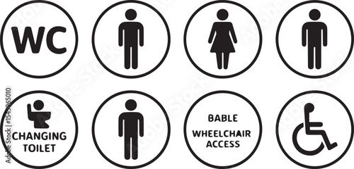 Diverse Public Restroom and Accessibility Signage Featuring WC Male Female Changing Toilet Wheelchair Access for Universal Convenience