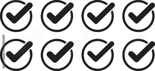 Array of Eight Black Check Mark Icons Inside Circular Borders Displayed on a White Background in an Organized Fashion