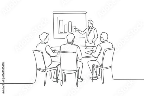Line Drawing of Business Meeting with Presentation on White Background