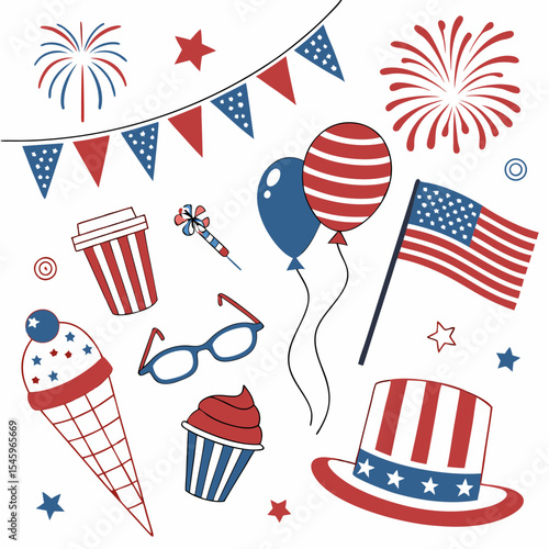 4th July festive vector set isolated on white background. USA Independence Day elements with patriotic gnome, sweets, balloons, fireworks, garland. For poster, banner, cards, web template