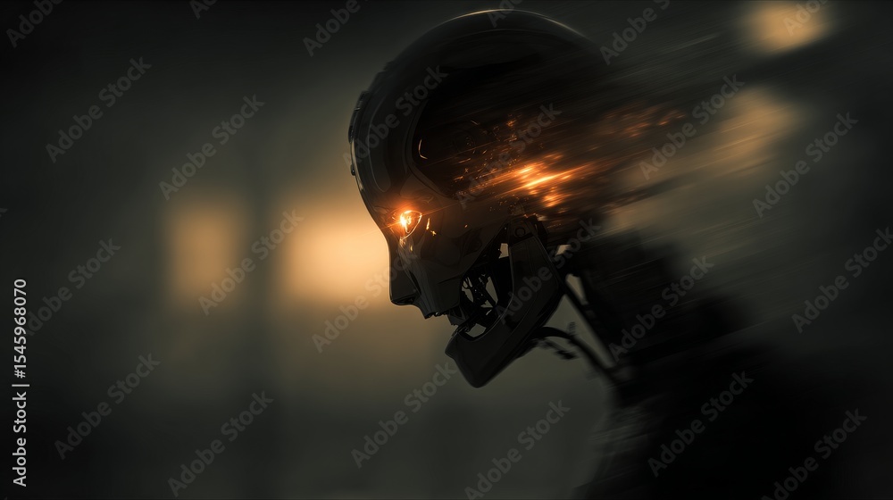 Fototapeta premium Intense robot head shot with fiery eyes against a blurred background. 
