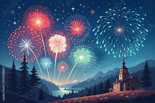Spectacular fireworks display over a serene mountain lake and charming house