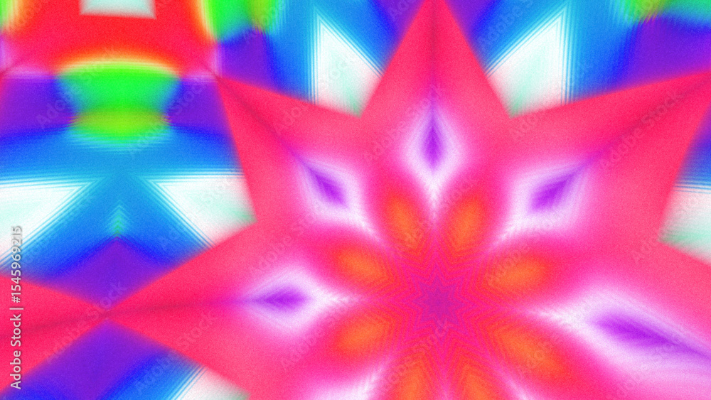 Obraz premium Abstract Radiant Burst with Soft Grain Texture, Symmetrical Glow Pattern in Psychedelic Style, Radiating Circular Abstract with Subtle Noise, Kaleidoscopic Starburst with Gradient Flow