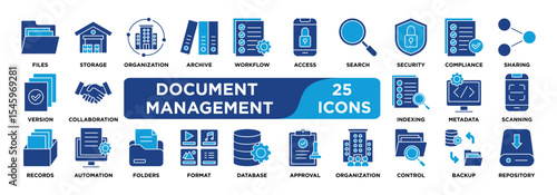DOCUMENT MANAGEMENT icon collection set. Containing document,storage,archive,access,version,metadata,workflow,security,retrieval,sharing icon. dual tone vector.	