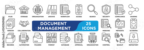 DOCUMENT MANAGEMENT icon collection set. Containing document,storage,archive,access,version,metadata,workflow,security,retrieval,sharing icon. Simple line vector.	