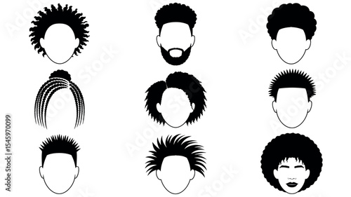 Collection of african hairstyle silhouettes with various hair textures and styles on white background
