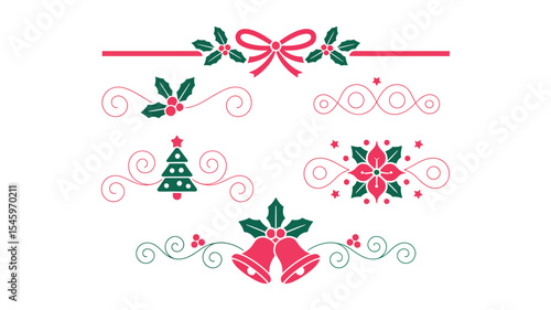 Christmas decorative divider set with holly tree bell ribbon and floral swirl elements in red and green colors
