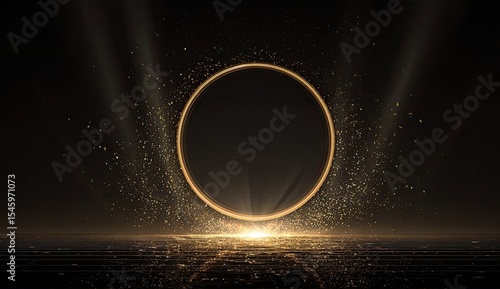 Golden ring, spotlight, dark background, glittering particles, reflective surface