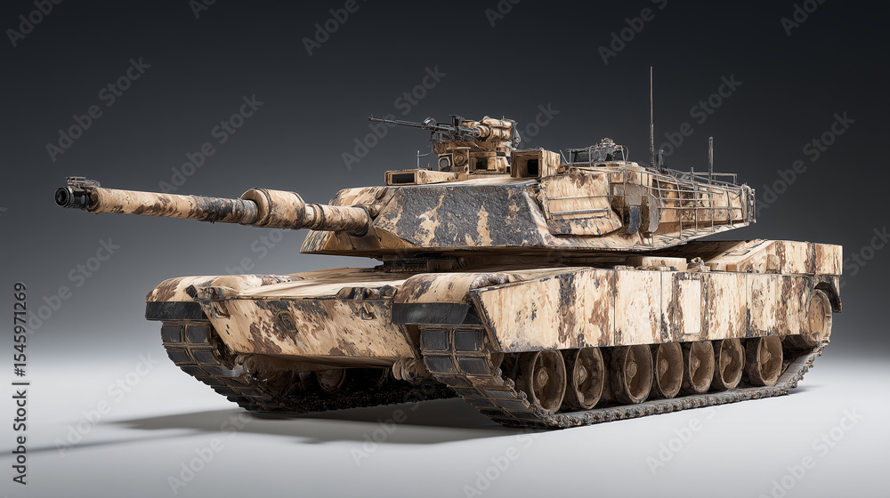 Fototapeta premium Modern desert camouflage tank isolated on black background