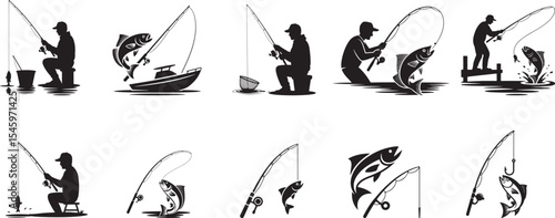 Fisherman silhouettes fishing various fish species. eps-10