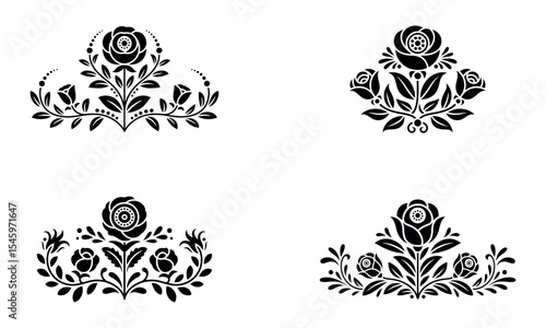 Folk style floral designs with rose flowers and leaves in black vector illustrations
