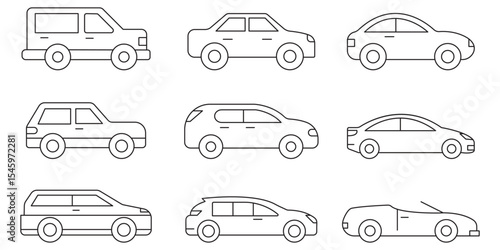 Simple line set of car icons set .  Line art illustrations of various types of vehicles including cars, trucks, and buses in a minimalist style .  