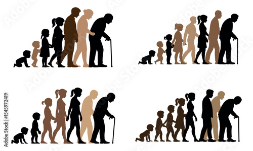 Silhouette timeline of human growth and aging from baby to elderly adult
