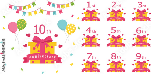 カラフルな周年記念イラスト・1〜10周年セット・お祝いデザイン  