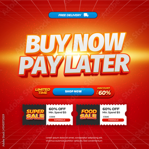 Buy Now Pay Later Shopping Sale discount deals Dynamic Red gradient Editable text effect with voucher Simple Marketing Promotion banner template