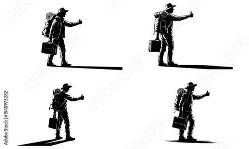 Silhouette of man hitchhiking with luggage and backpack in vector illustration
