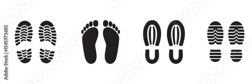 Footprint and shoe print icons set – vector illustration on white background.  Vector Footprint Icons Collection  Human, Shoe, Boot, and Sole Print Silhouettes Set . 