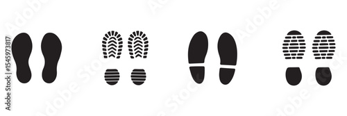 Footprint and shoe print icons set vector illustration on white background. shoe sole imprint vector, walking steps symbol, footwear pattern design, black foot shape art, isolated walking icons .