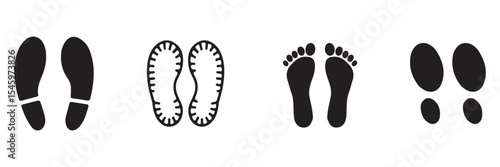 Footprint and shoe print icons set vector illustration on white background. shoe sole imprint vector, walking steps symbol, footwear pattern design, black foot shape art, isolated walking icons .