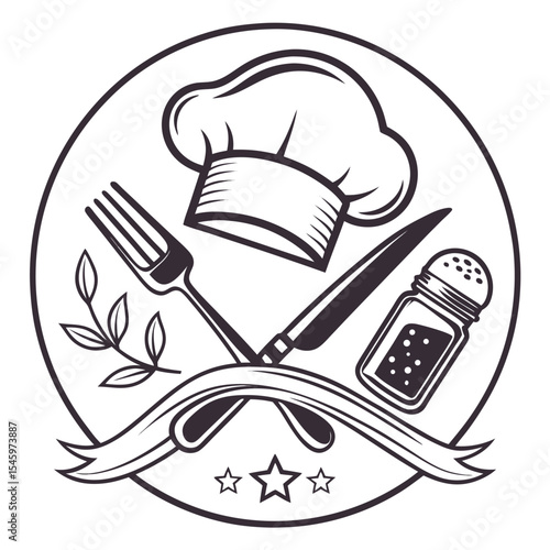 Culinary emblem featuring chef hat fork knife salt shaker and laurel branch