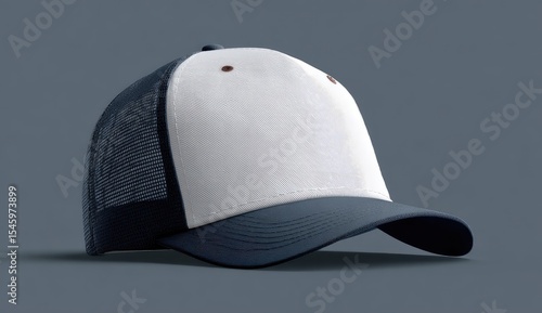 A white and navy blue trucker hat with a mesh back, angled slightly to the right against a neutral gray background.  The hat is blank, ready for customization