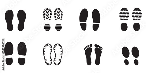 Footprint and shoe print icons set vector illustration on white background. shoe sole imprint vector, walking steps symbol, footwear pattern design, black foot shape art, isolated walking icons .