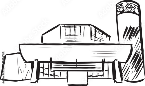 Black and white line art of a modern architectural landmark with bold angles and industrial features. Great for prints, education, creative design, and architecture-focused illustration sets.