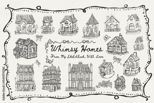 Whimsical vector set of fantasy houses: Parisian buildings, cottages, and palace. Ideal for storytelling, postcards, kids decor.