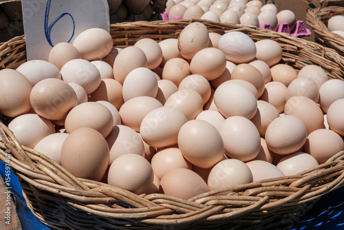 organic eggs in a basket on local street bazaar