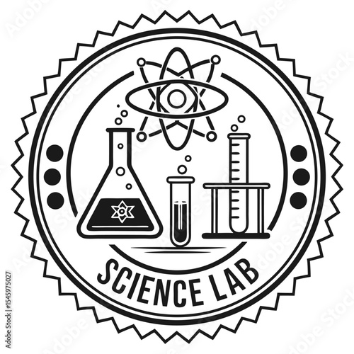 Science lab emblem atom erlenmeyer flask test tubes and beaker