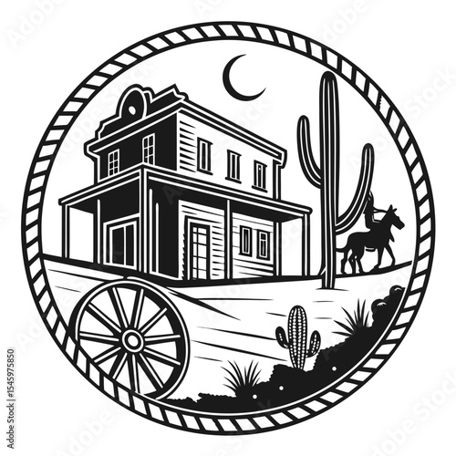 Western saloon at night with cowboy on horseback under crescent moon