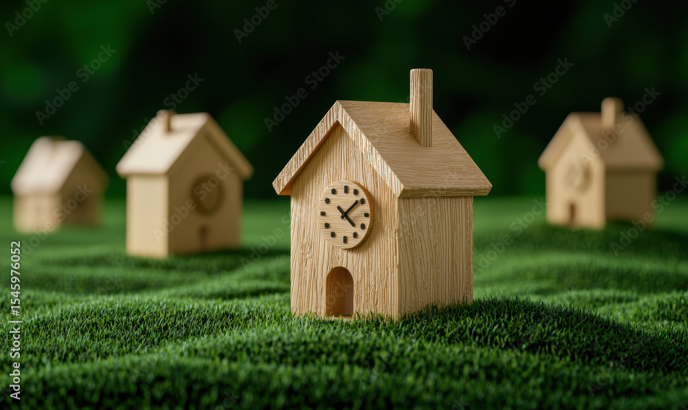 Fototapeta premium whimsical 3D village with wooden houses featuring clocks, symbolizing time flowing differently in each home
