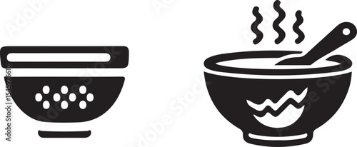 Illustration of a colander and a bowl of soup with steam and a spoon on a white background