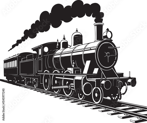 Classic black and white steam locomotive train with passenger cars on railroad tracks