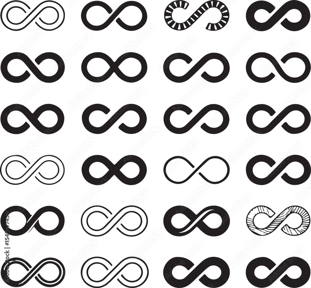 Collection of black and white infinity symbols in various styles and designs Collection of black and white infinity symbols in various styles and designs