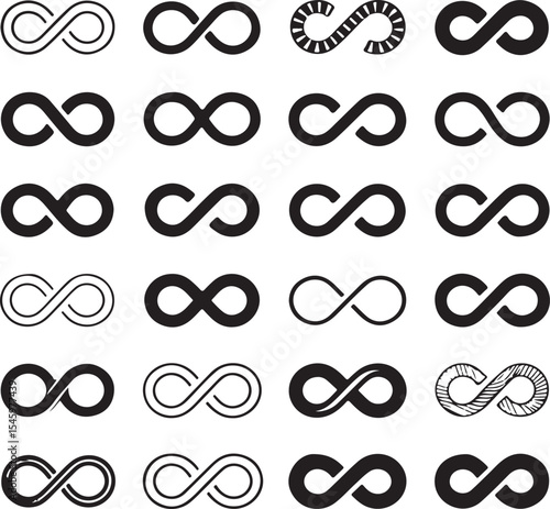 Collection of black and white infinity symbols in various styles and designs