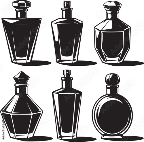 Elegant collection of black and white perfume bottles silhouettes for cosmetic design