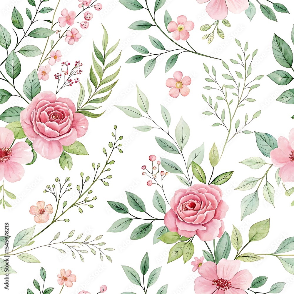 Fototapeta Pink and Green Provence Style Seamless Floral Watercolor
