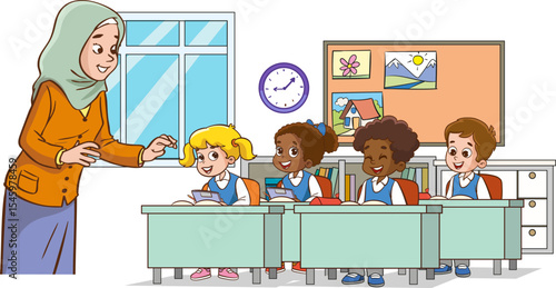Classroom with children. Teacher or professor teaching students in primary school classroom. Student learning in lessons vector illustration