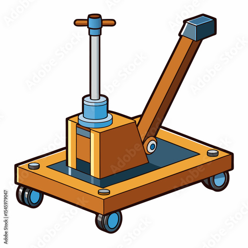 Cartoon illustration of a simple wooden hydraulic jack on wheels